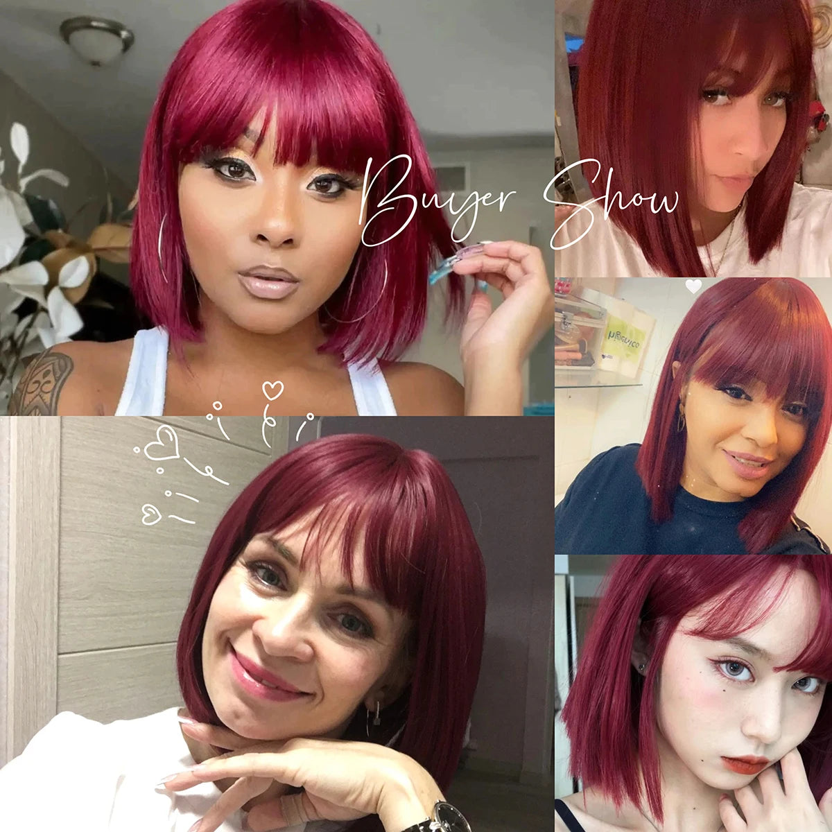 Short Wine Red Bob Wigs With Full Bangs Natural Synthetic Wigs for Women Heat Resistant Female Fake Hair Afro Cosplay Daily