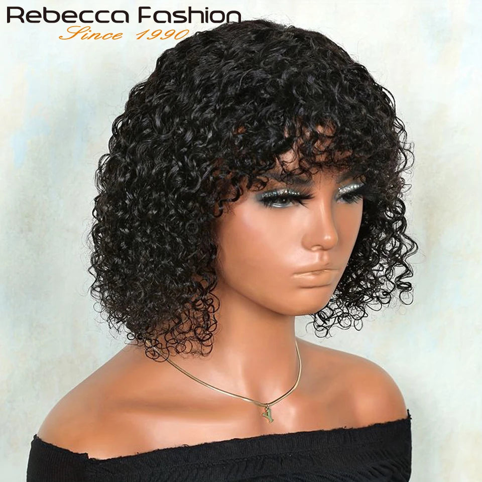 Jerry Curly Short Pixie Bob Cut Human Hair Wigs With Bangs Remy Curly Bob Wigs For Black Women Full Machine Made Wig #1B 1B/99J