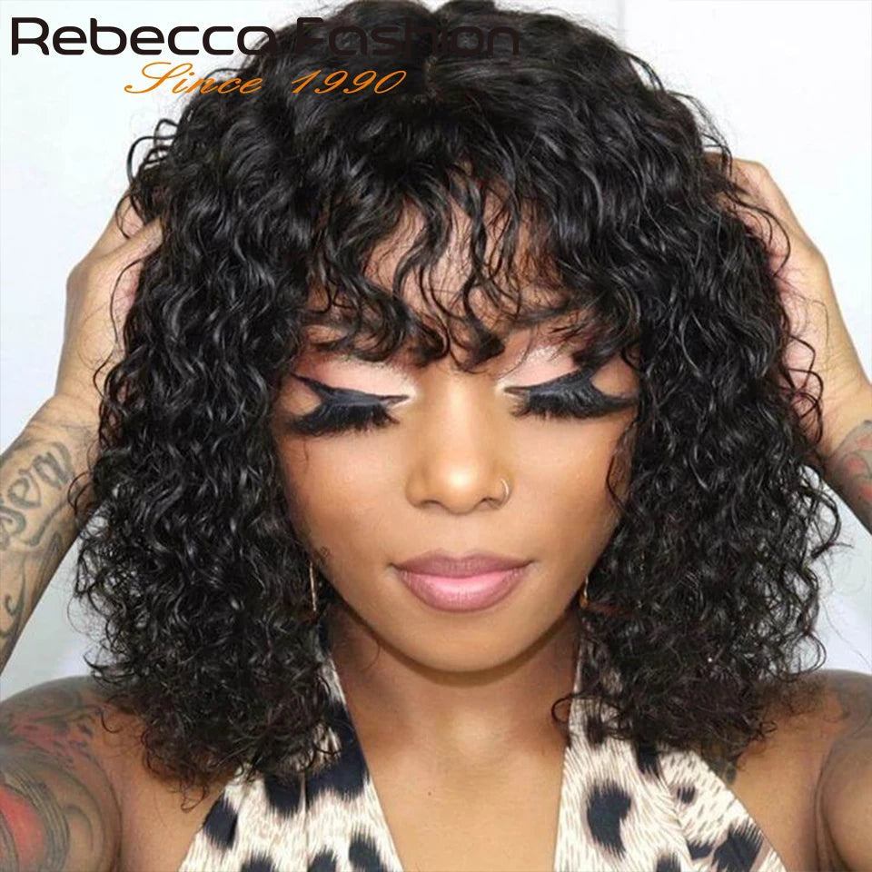 Jerry Curly Short Pixie Bob Cut Human Hair Wigs With Bangs Remy Curly Bob Wigs For Black Women Full Machine Made Wig #1B 1B/99J