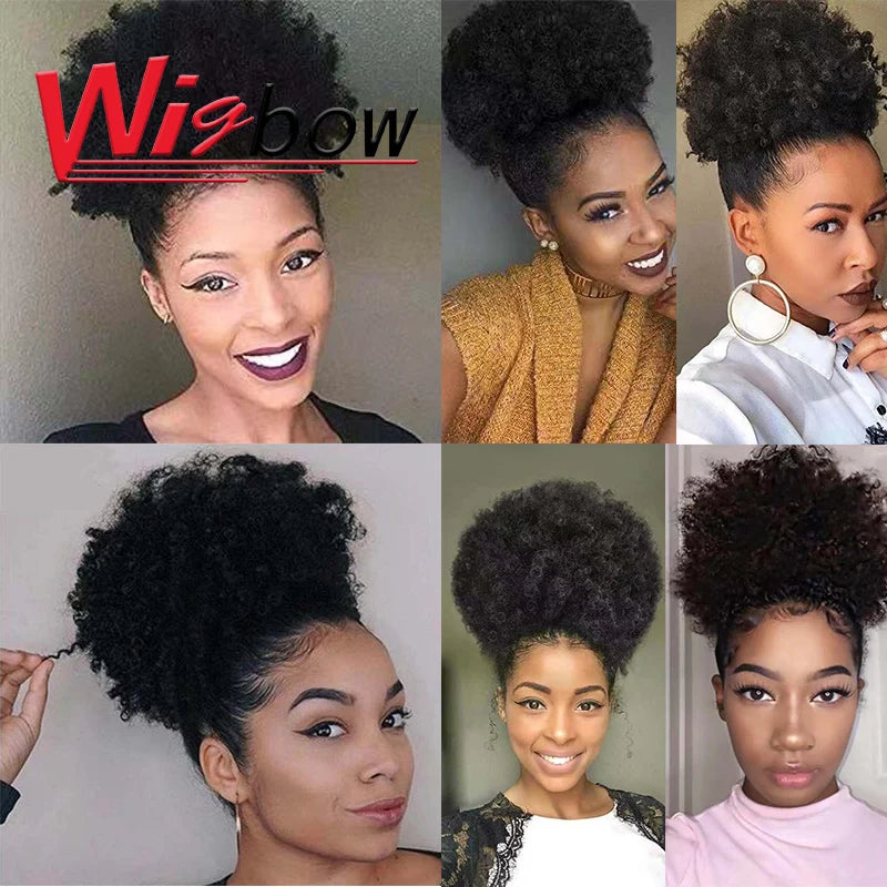 Monglian Afro Kinky Curly Ponytail Human Hair Ponytail For Black Women Drawstring Ponytail Puff Kinky Curly Ponytail Wigs Wigbow