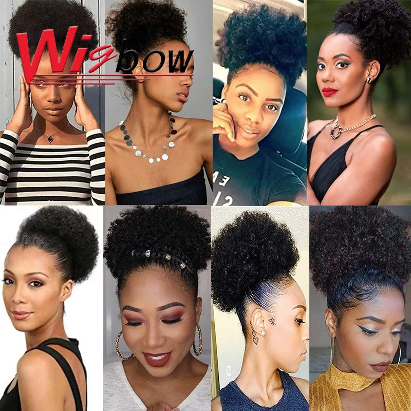 Monglian Afro Kinky Curly Ponytail Human Hair Ponytail For Black Women Drawstring Ponytail Puff Kinky Curly Ponytail Wigs Wigbow