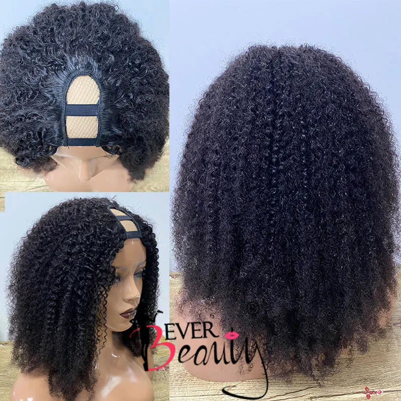 4B 4C Mongolian Afro Kinky Curly  U Part Wig Human Hair U Part Wigs For Women Kinky Curly Short Bob Cut Wigs Black Ever Beauty