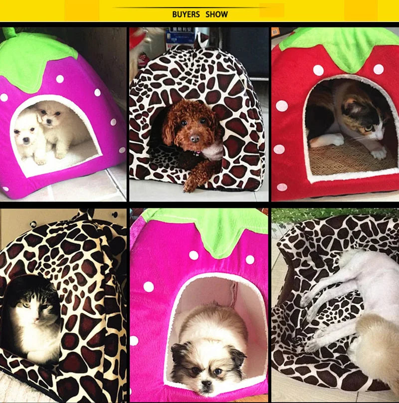 pawstrip 5 Colors Strawberry Dog Bed House Hamster Rabbit Bed Folding Cat House Soft Warm Pet Kennel For Small Dog Cats S-XXL