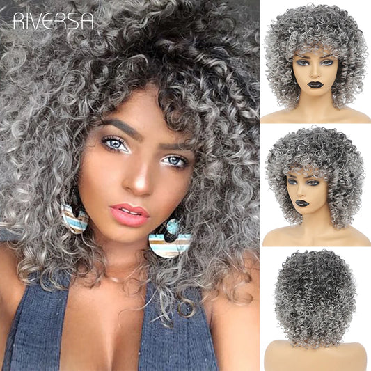 14" Synthetic Wigs Afro Kinky Curly Fiber Natural Hair Ombre Gray Color Frizzy Wig Heat Resistant Cosplay Wigs For Woman cheveux