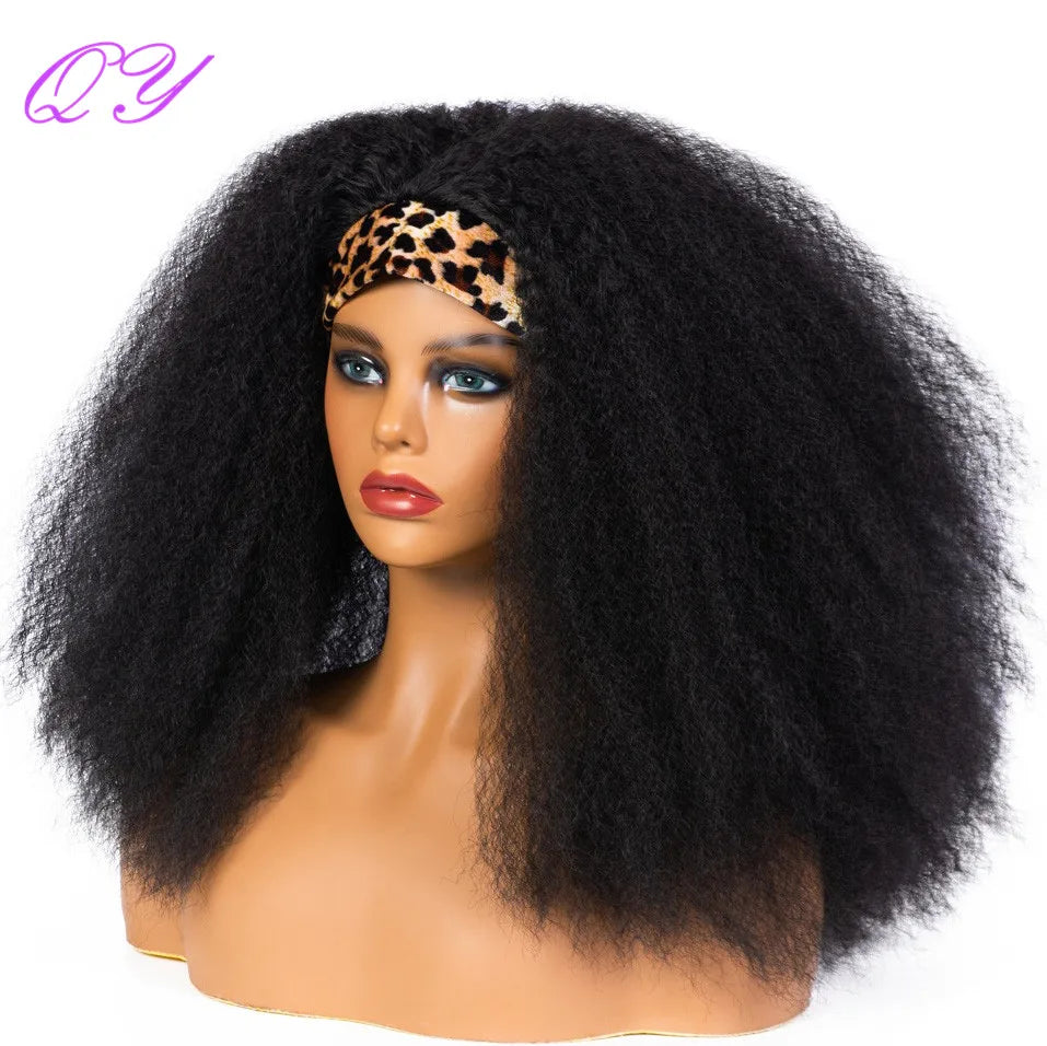 QY Hair Big Afro Kinky Curly Headband Wigs For Women Synthetic Hair Wigs Turban Wrap Hair Style