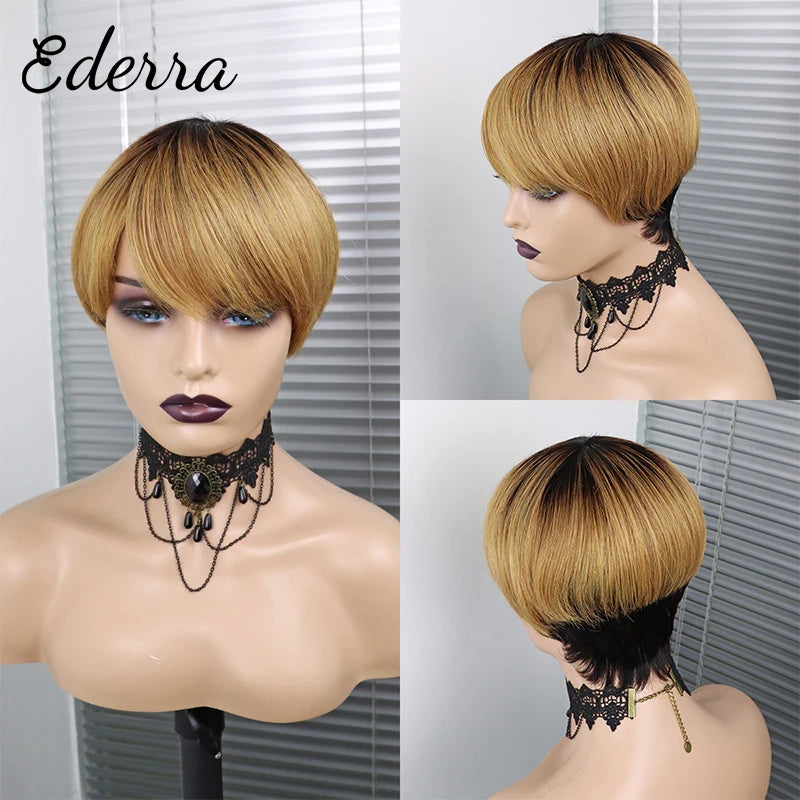 Pixie Short Cut  Wig with Bangs Brazilian Straight Wigs 100% Human Hair Wig for Black Women Blonde Color Non Lace Wigs