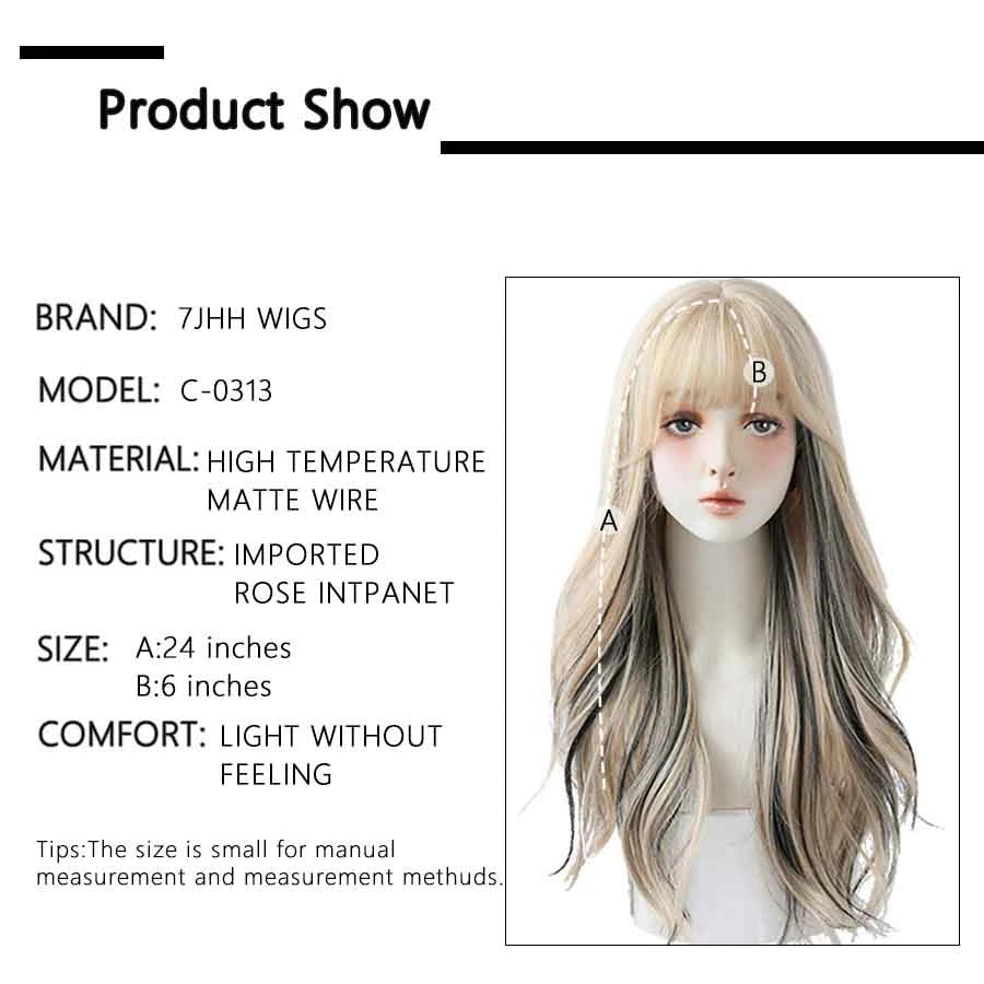 7JHH WIGS Long Wavy Curly Black Blonde Hair Highlights Synthetic Blend Wigs With Fluffy Bangs For Women's Daily Wear Four Season