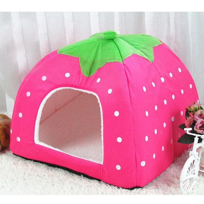 pawstrip 5 Colors Strawberry Dog Bed House Hamster Rabbit Bed Folding Cat House Soft Warm Pet Kennel For Small Dog Cats S-XXL