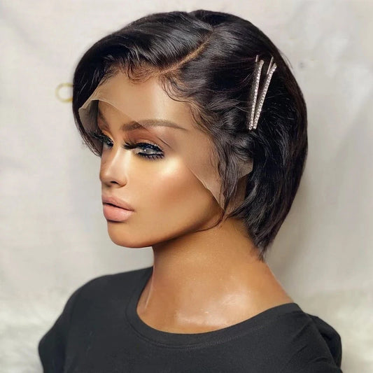 Pixie Cut Wig Human Hair Wigs Short Straight Bob Wigs T Part Cheap Transparent Lace Wig For Black Women Preplucked