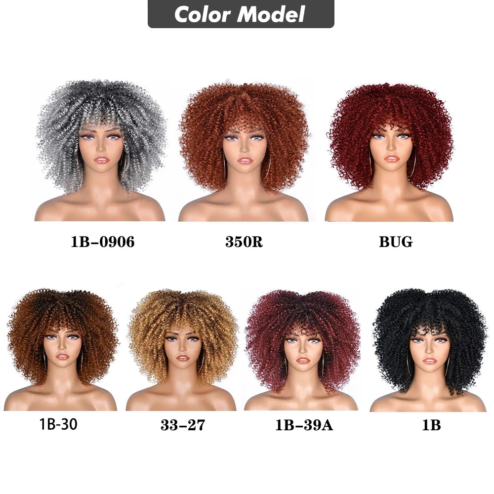 Short Hair Kinky Curly Afro Wigs With Bangs For Women 10" Synthetic African Glueless Cosplay Heat Resistant Wigs HIHOO