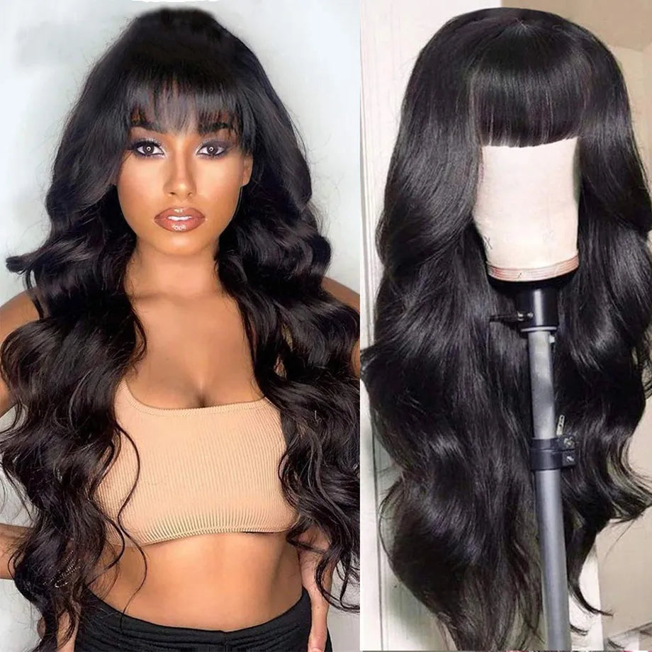 Body Wave Human Hair Wigs With Bangs Brazilian 30 Inch Full Machine Made Wig With Bang Long Natural Remy Human Hair For Women