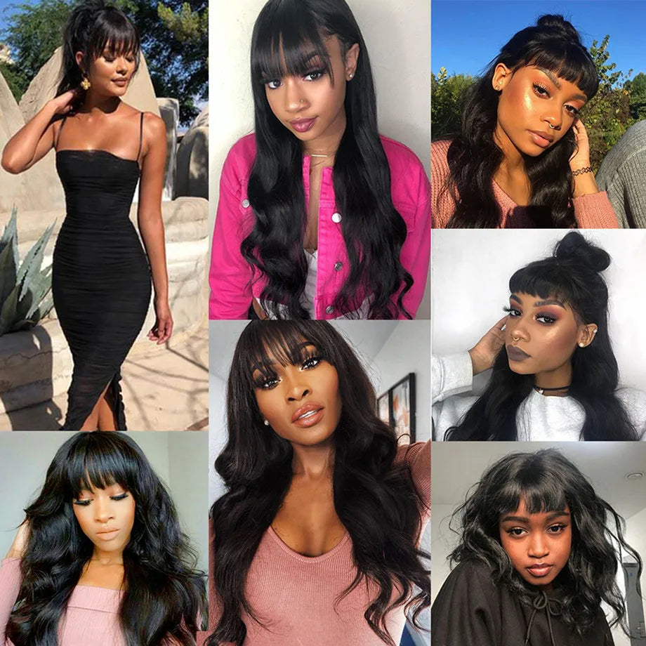 Body Wave Human Hair Wigs With Bangs Brazilian 30 Inch Full Machine Made Wig With Bang Long Natural Remy Human Hair For Women