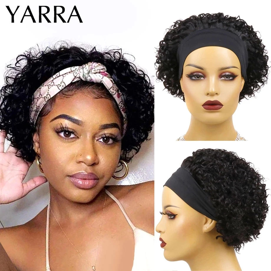 Short Curly Headband Wig Human Hair Brazilian Kinky Curly Human Hair Headband Wigs for Women Glueless Easy to Go Yarra Hair 180%