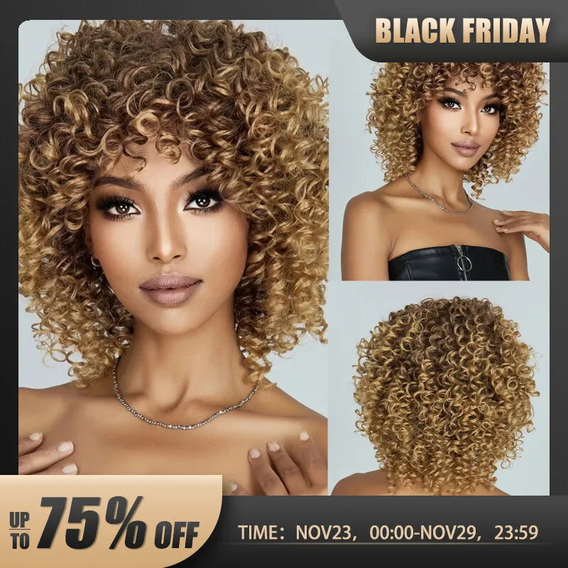 Brown Blonde Curly Hair Synthetic Wigs for Women Short Short Kinky Curly Hair Afro Wigs Glueless Cosplay Hair