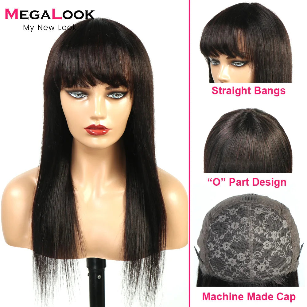 Straight Wig With Bangs Fringe MEGALOOK Brazilian Human Hair Wigs Glueless Full Machine Made Remy Human Hair Wigs For Women 180%