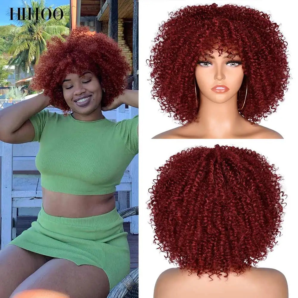 Short Hair Kinky Curly Afro Wigs With Bangs For Women 10" Synthetic African Glueless Cosplay Heat Resistant Wigs HIHOO