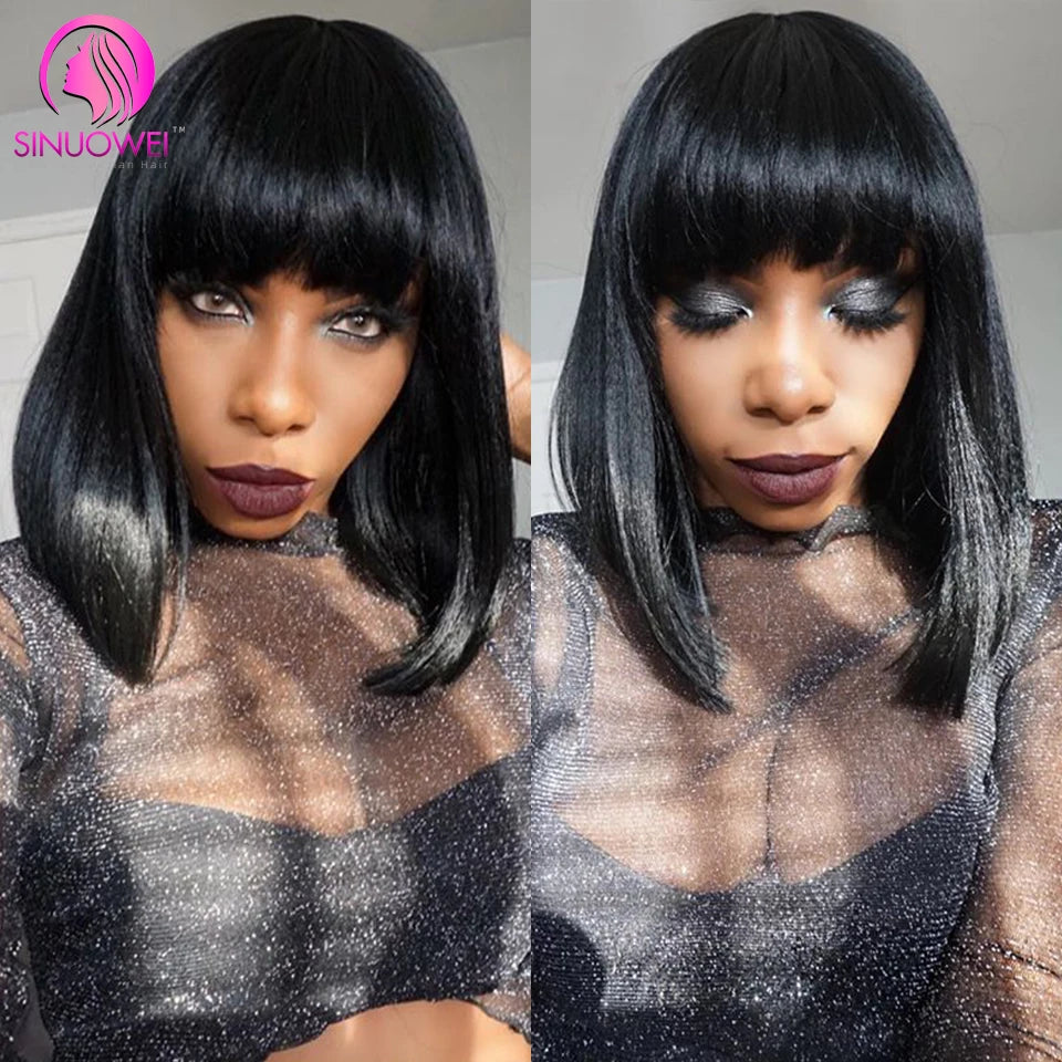 Bob Bang Wigs Fringe Brazilian Human Hair Wigs 8-14inch 180 Density Bone Straight Short Bob Wig With Bang Double Drawn Wigs