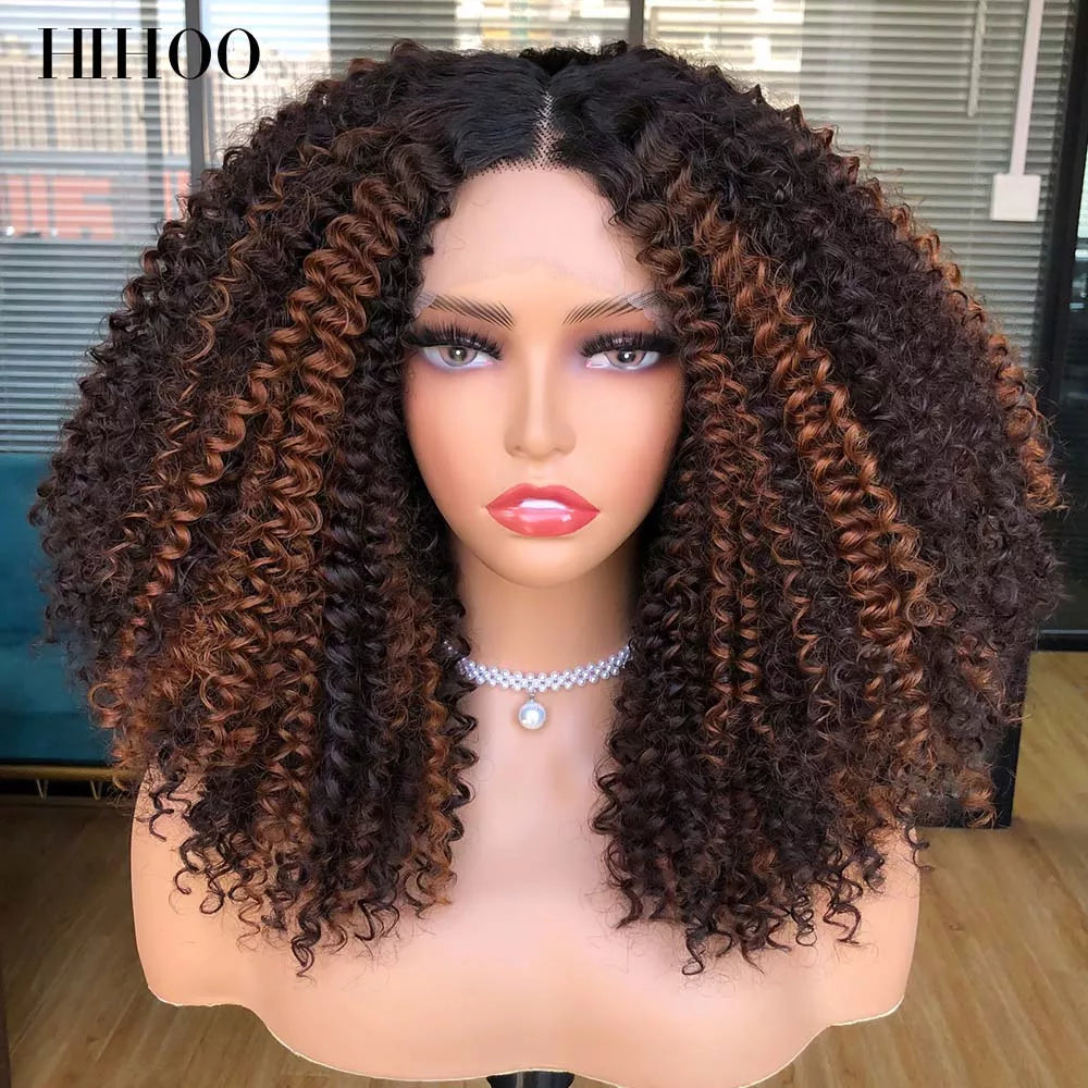 Lace Front Wigs for Women Short Bob Wig  Afro Kinky Curly Wigs Ombre Brown Synthetic Middle Nature Hair Black Headgear with Clip