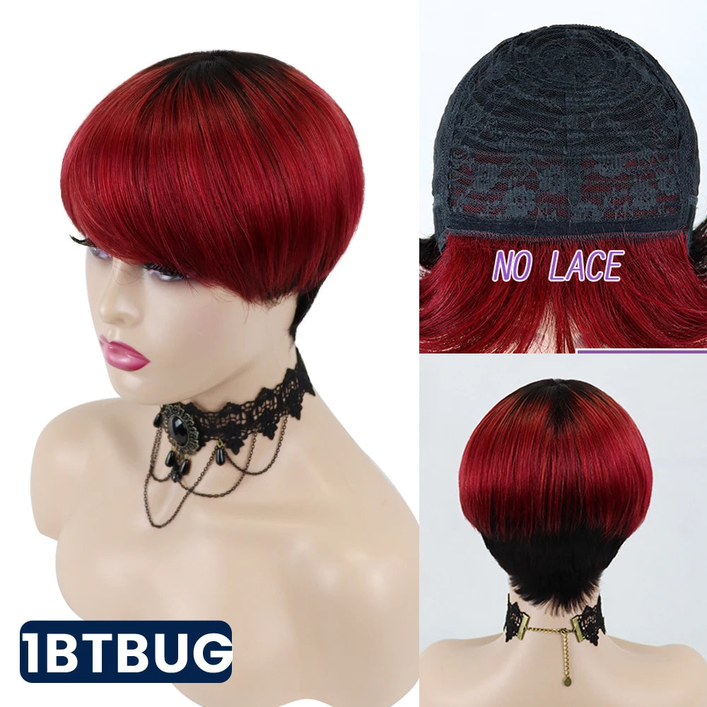 Pixie Short Cut  Wig with Bangs Brazilian Straight Wigs 100% Human Hair Wig for Black Women Blonde Color Non Lace Wigs