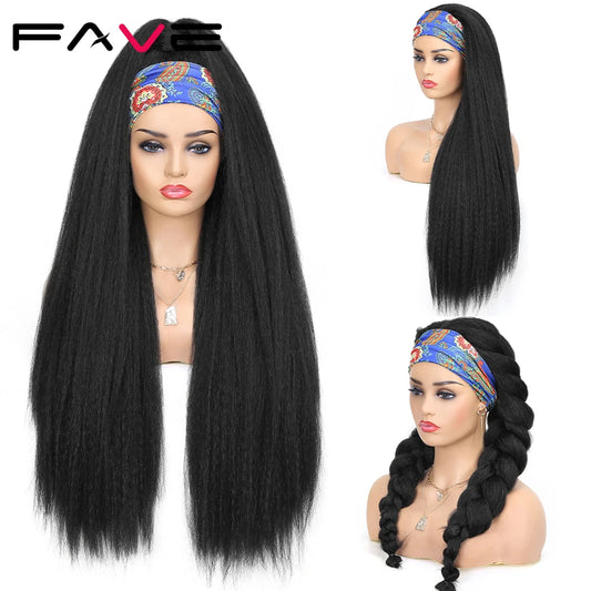 Fave Kinky Straight Headband Wig Synthetic 26 Inch Yaki Straight Hair Heat Resistant Fiber Kinky Afro Wigs For Black White Women