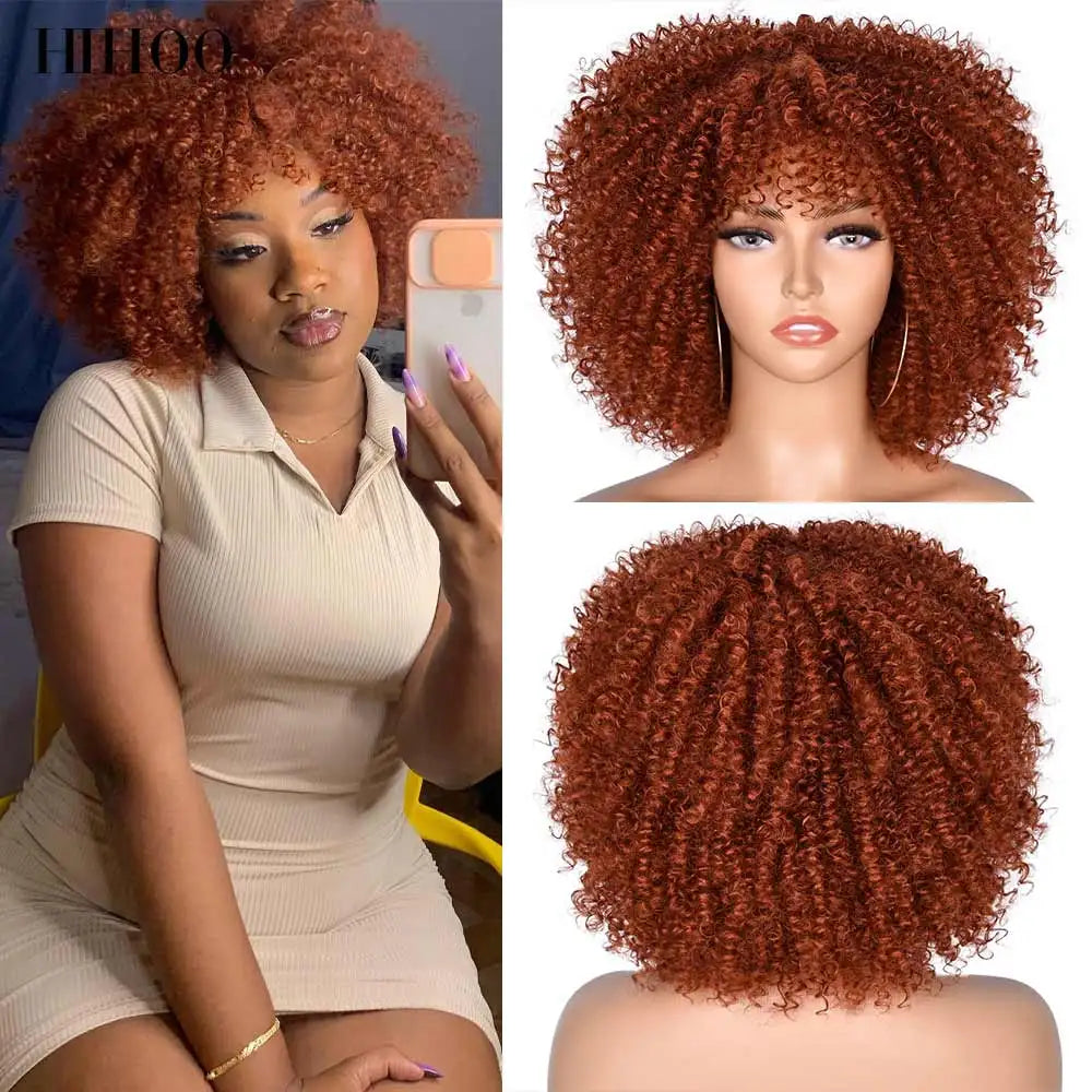 Short Hair Kinky Curly Afro Wigs With Bangs For Women 10" Synthetic African Glueless Cosplay Heat Resistant Wigs HIHOO