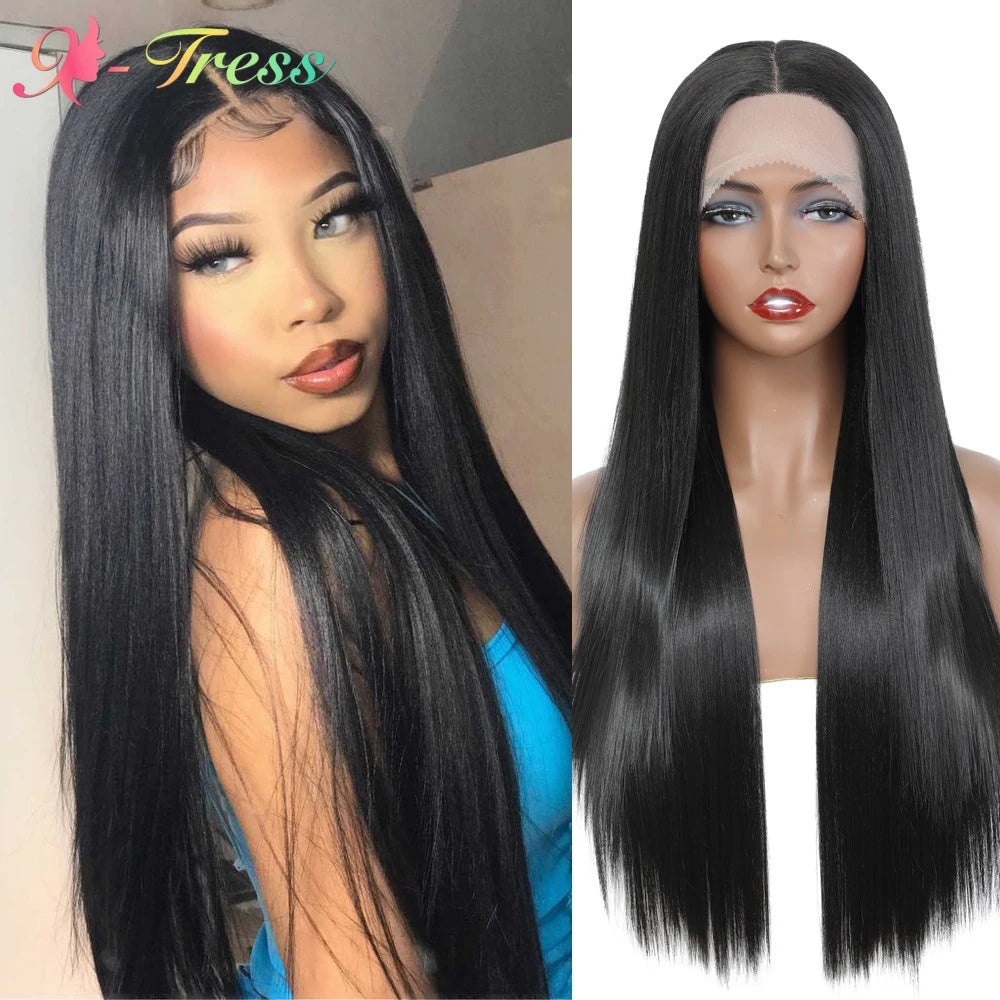 Synthetic Lace Front Wigs for Black Women Natural Color Long Yaki Straight Middle Part Lace Wig Heat Resistant Fiber X-TRESS