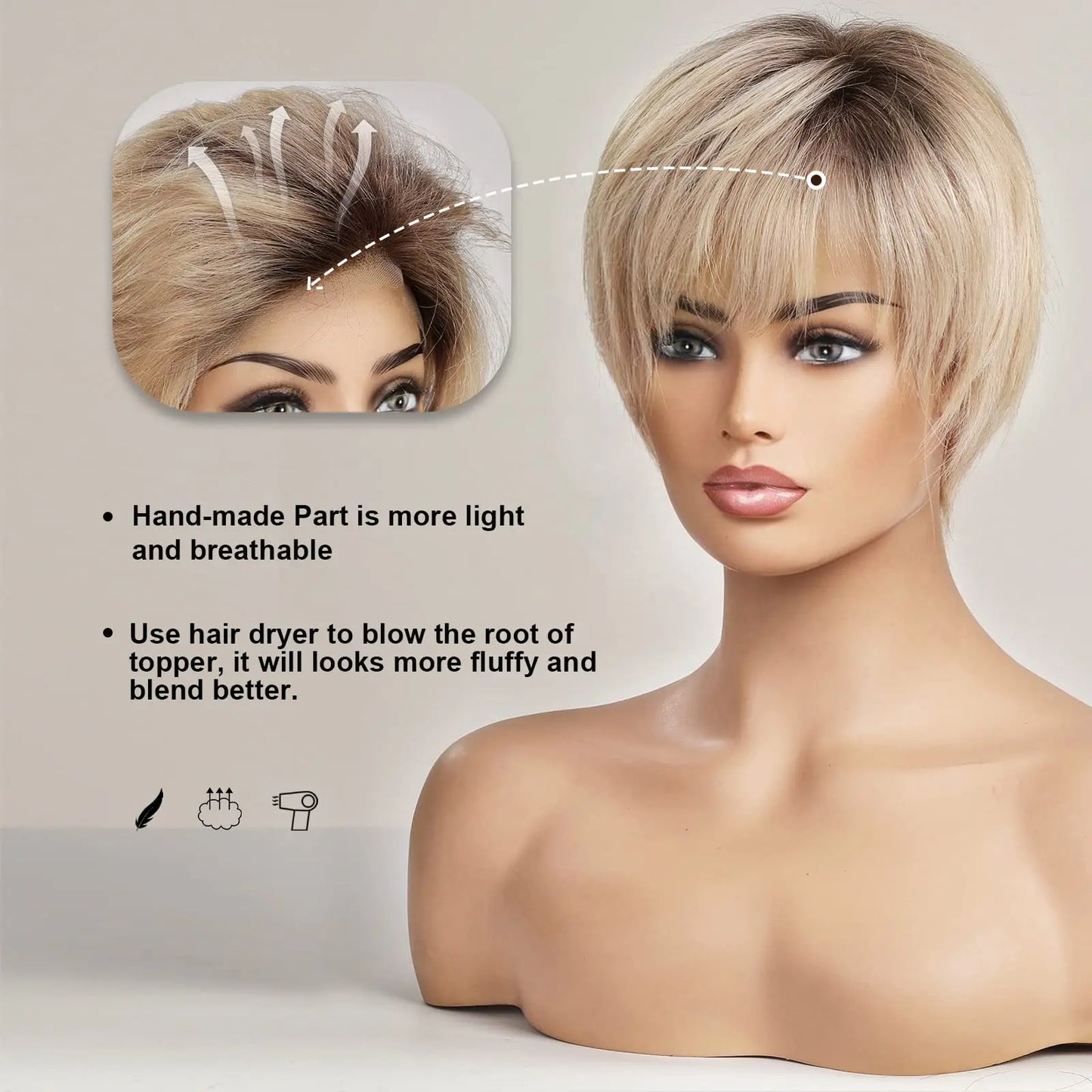 100% Remy Human Hair Ombre Blonde Lace Front Wigs with Bangs Pixie Cut Hairs Short Straight Layered Wigs for Women Bob Human Wig