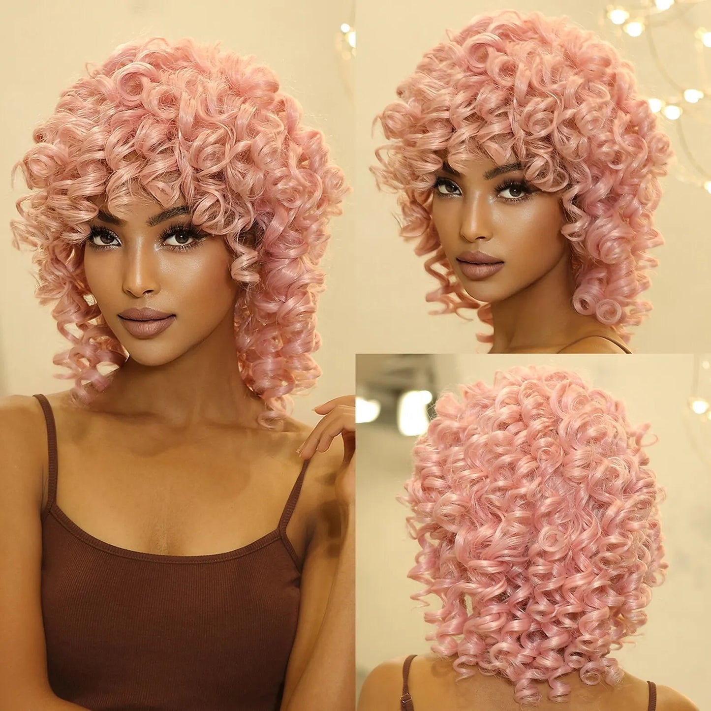 Brown Blonde Curly Hair Synthetic Wigs for Women Short Short Kinky Curly Hair Afro Wigs Glueless Cosplay Hair