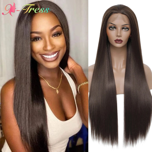 X-TRESS 13X3 Synthetic Lace Frontal Wig Light Brown Natural Looking Free Part Long Straight Lace Front Wigs For Black Women