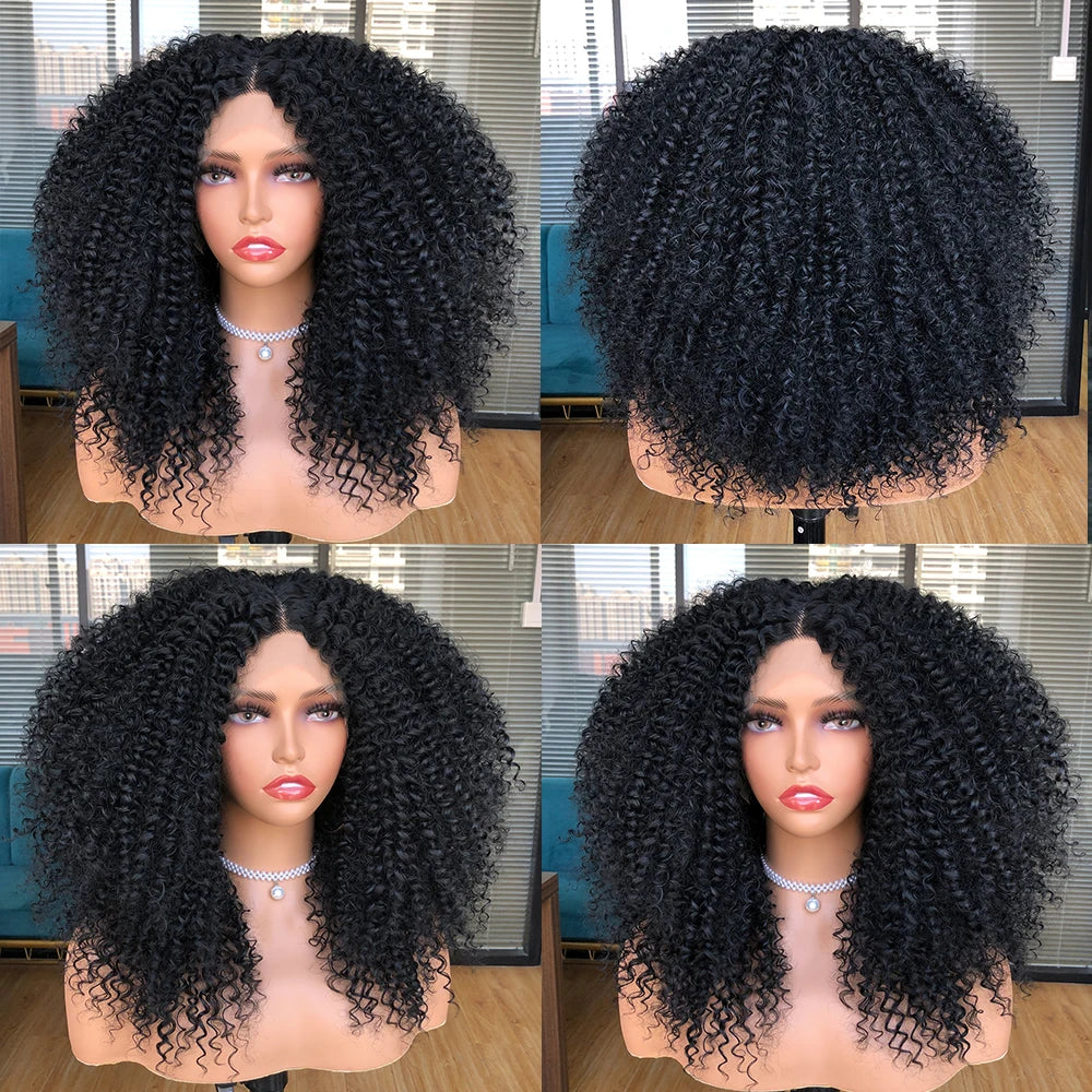 Lace Front Wigs for Women Short Bob Wig  Afro Kinky Curly Wigs Ombre Brown Synthetic Middle Nature Hair Black Headgear with Clip