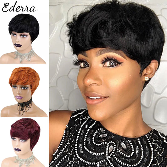 Short Human Hair Wigs Pixie Cut Straight Remy Brazilian Hair for Black Women Machine Made Highlight Color Cheap Glueless Wig