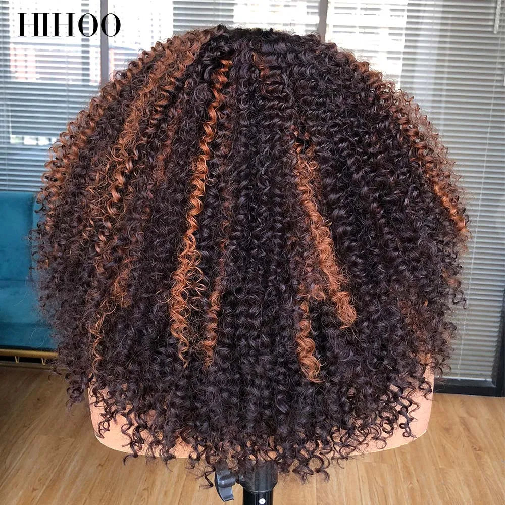 Lace Front Wigs for Women Short Bob Wig  Afro Kinky Curly Wigs Ombre Brown Synthetic Middle Nature Hair Black Headgear with Clip