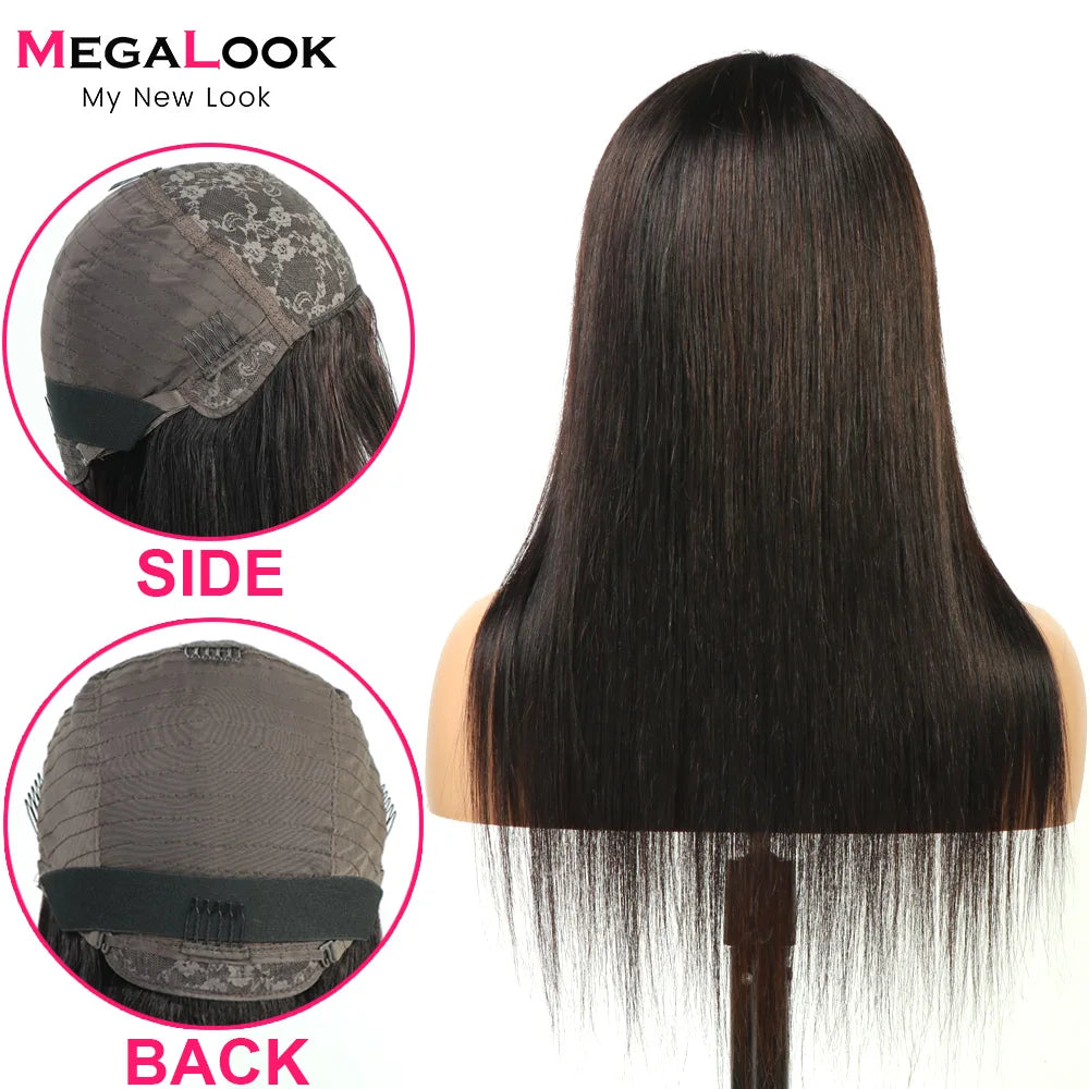 Straight Wig With Bangs Fringe MEGALOOK Brazilian Human Hair Wigs Glueless Full Machine Made Remy Human Hair Wigs For Women 180%