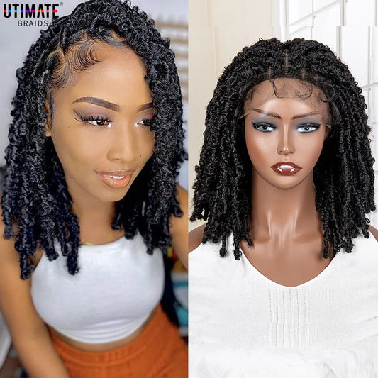 14 Inches Synthetic Lace Frontal Afro Kinky Curly Wig Short Dreadlock Wig Braide Wigs with Baby Hair for Black Women Daily Use