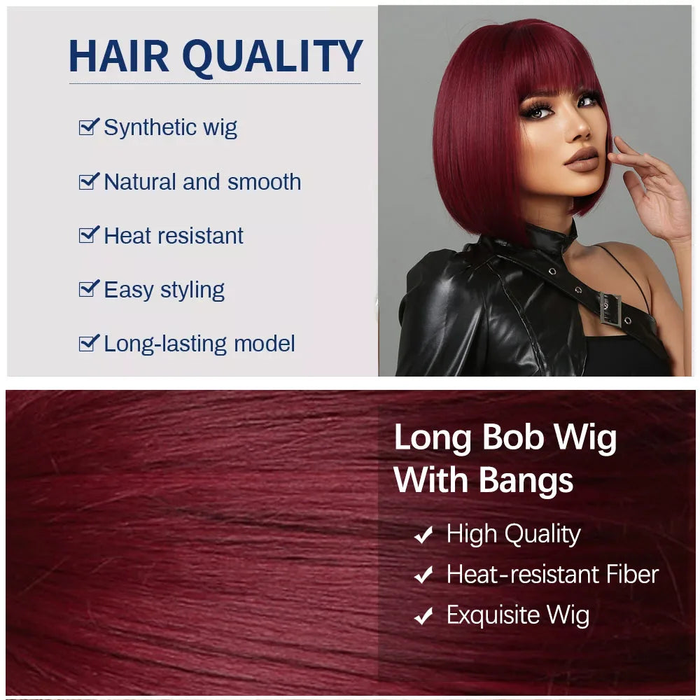 Short Wine Red Bob Wigs With Full Bangs Natural Synthetic Wigs for Women Heat Resistant Female Fake Hair Afro Cosplay Daily