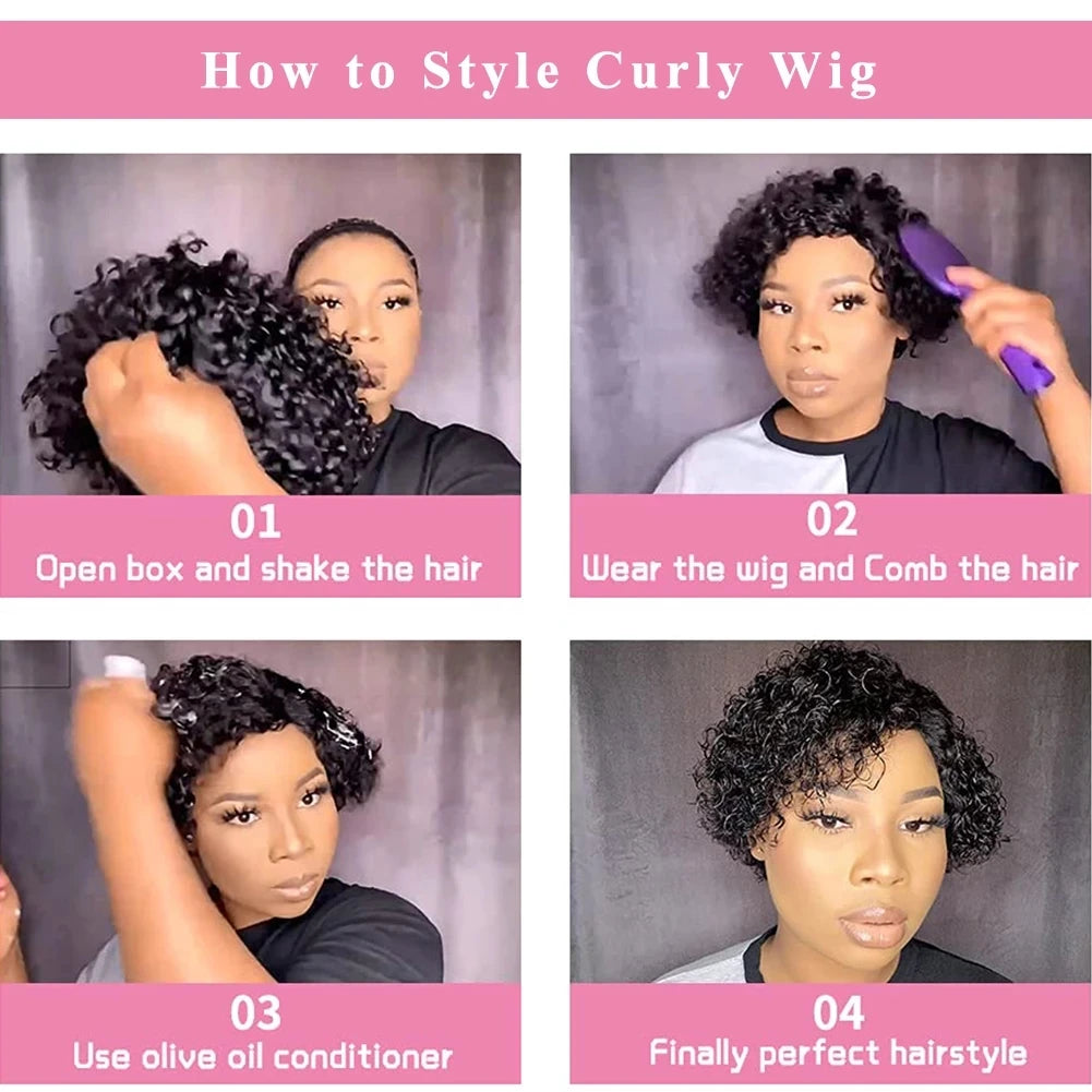 Short Kinky Curly Human Hair Wigs for Women Pixie Cut Side Part Brazilian Remy Hair None Lace Front Human Hair Natural Black