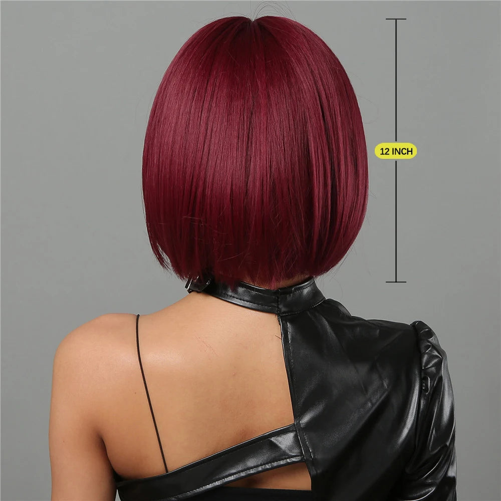 Short Wine Red Bob Wigs With Full Bangs Natural Synthetic Wigs for Women Heat Resistant Female Fake Hair Afro Cosplay Daily