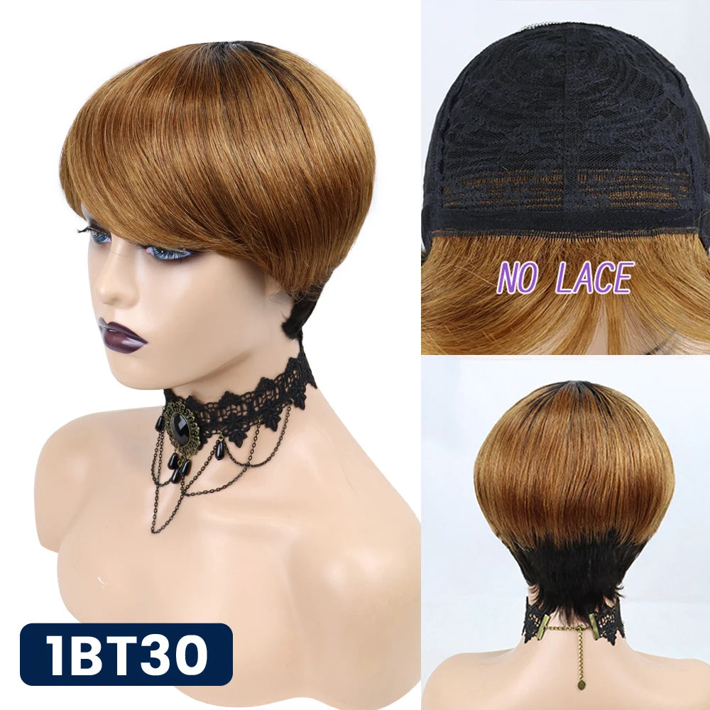 Pixie Short Cut  Wig with Bangs Brazilian Straight Wigs 100% Human Hair Wig for Black Women Blonde Color Non Lace Wigs