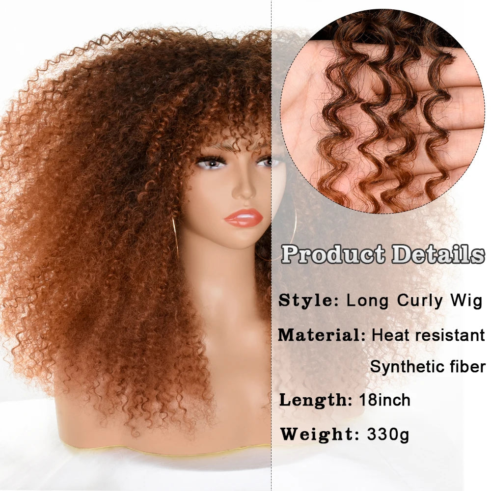 Afro Curly Wigs for Black Women Black to Brown Afro Kinky Curly Wig with Bangs 18Inch Synthetic Fibre Glueless Cosplay Hair