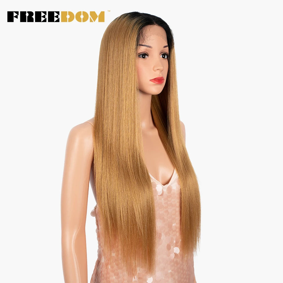 FREEDOM Synthetic Lace Wigs Ombre Blonde Red Brown Lace Front Wigs 28 Inch Long Straight Wigs For Black Women Cosplay Wigs