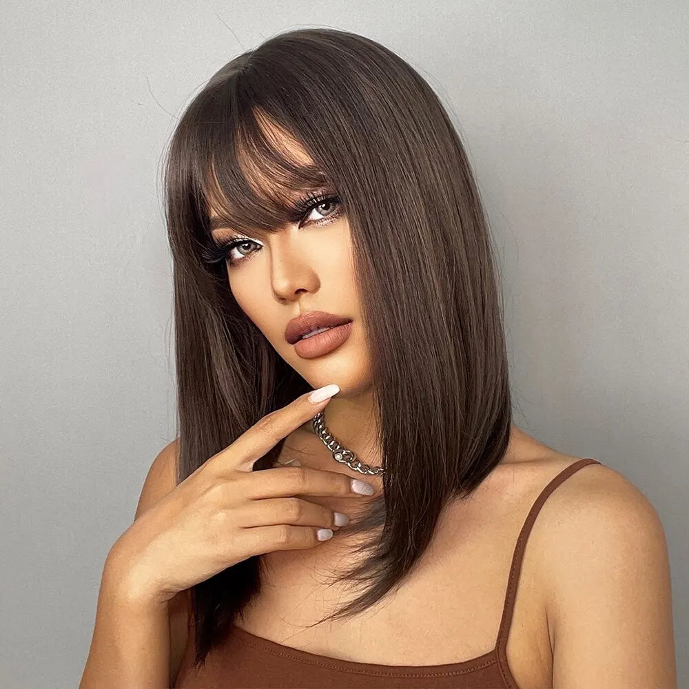 Brown Straight Wigs With Bangs For Black Women Shoulder Length Bob With Dark Roots For Girl Daily Use Cosplay