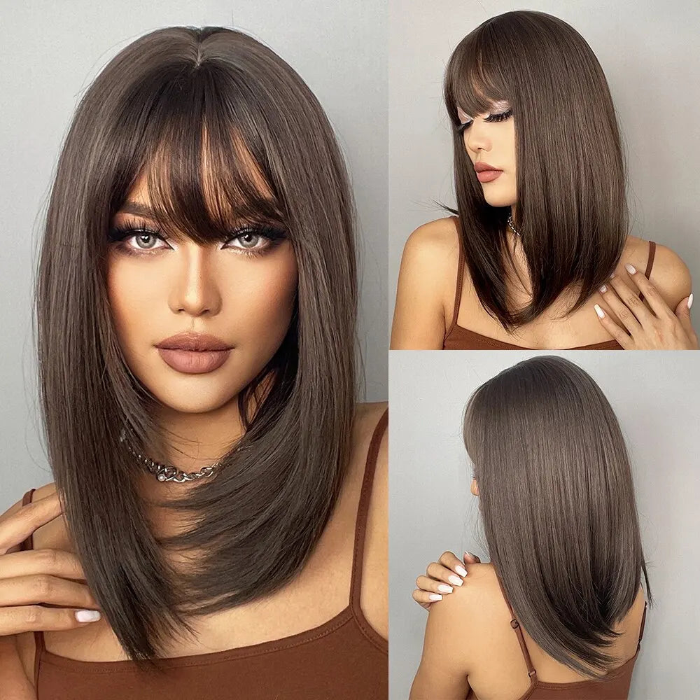 Brown Straight Wigs With Bangs For Black Women Shoulder Length Bob With Dark Roots For Girl Daily Use Cosplay