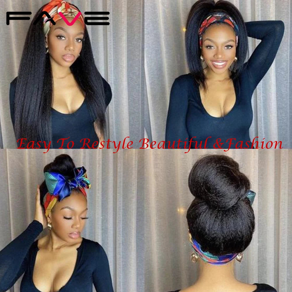 Fave Kinky Straight Headband Wig Synthetic 26 Inch Yaki Straight Hair Heat Resistant Fiber Kinky Afro Wigs For Black White Women