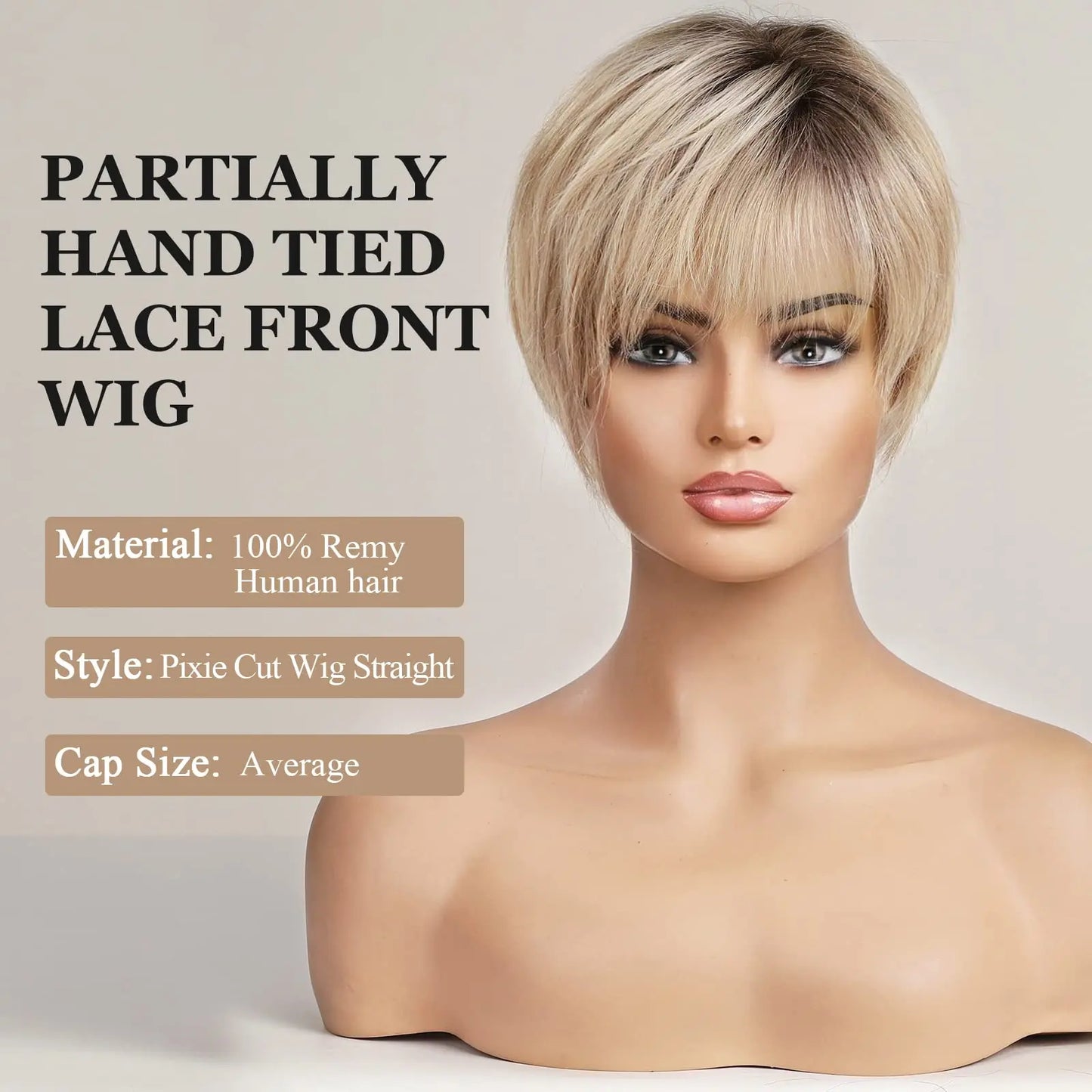 100% Remy Human Hair Ombre Blonde Lace Front Wigs with Bangs Pixie Cut Hairs Short Straight Layered Wigs for Women Bob Human Wig