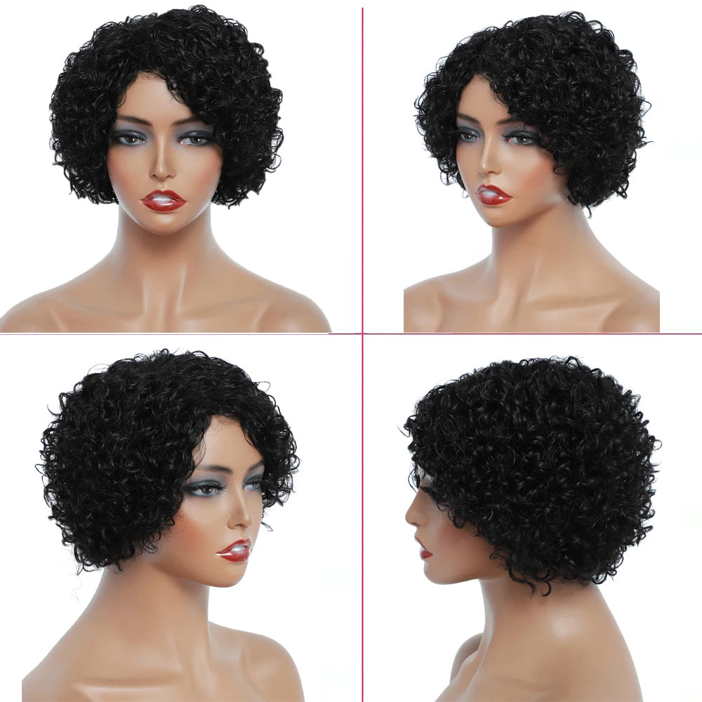 Short Kinky Curly Human Hair Wigs for Women Pixie Cut Side Part Brazilian Remy Hair None Lace Front Human Hair Natural Black