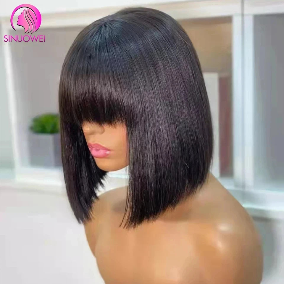 Bob Bang Wigs Fringe Brazilian Human Hair Wigs 8-14inch 180 Density Bone Straight Short Bob Wig With Bang Double Drawn Wigs