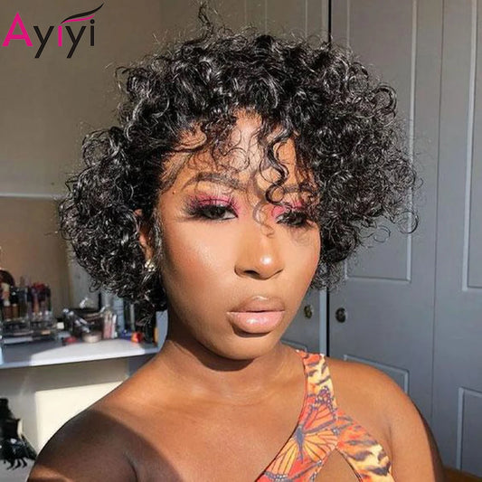 Afro Curly Wigs Short Cut Wig 100% Human Hair Wig For Black Women Mongolian Hair Full Machine Wigs Short Pixie Cut Wig Ayiyi