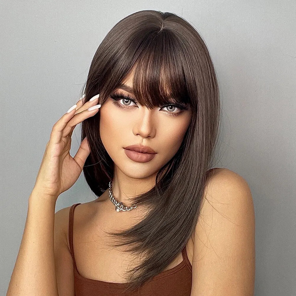 Brown Straight Wigs With Bangs For Black Women Shoulder Length Bob With Dark Roots For Girl Daily Use Cosplay