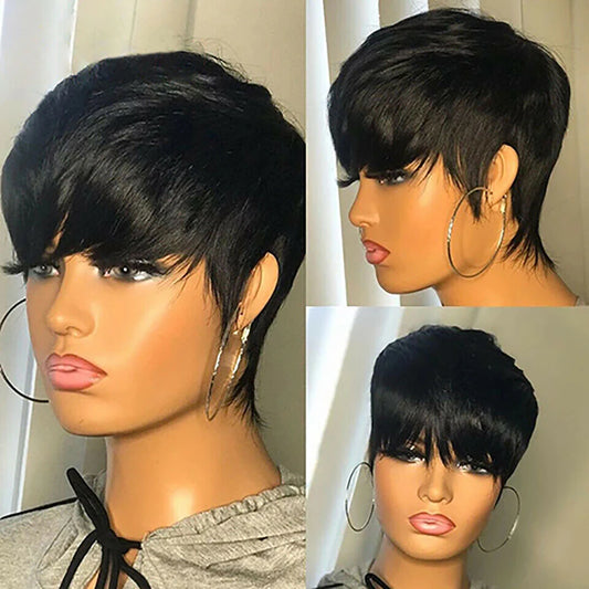 Natural Color Short Bob Straight Human Wigs With Bangs Brazilian Virgin Hair Pixie Cut Wig Cheap Human Hair Wig For Black Women