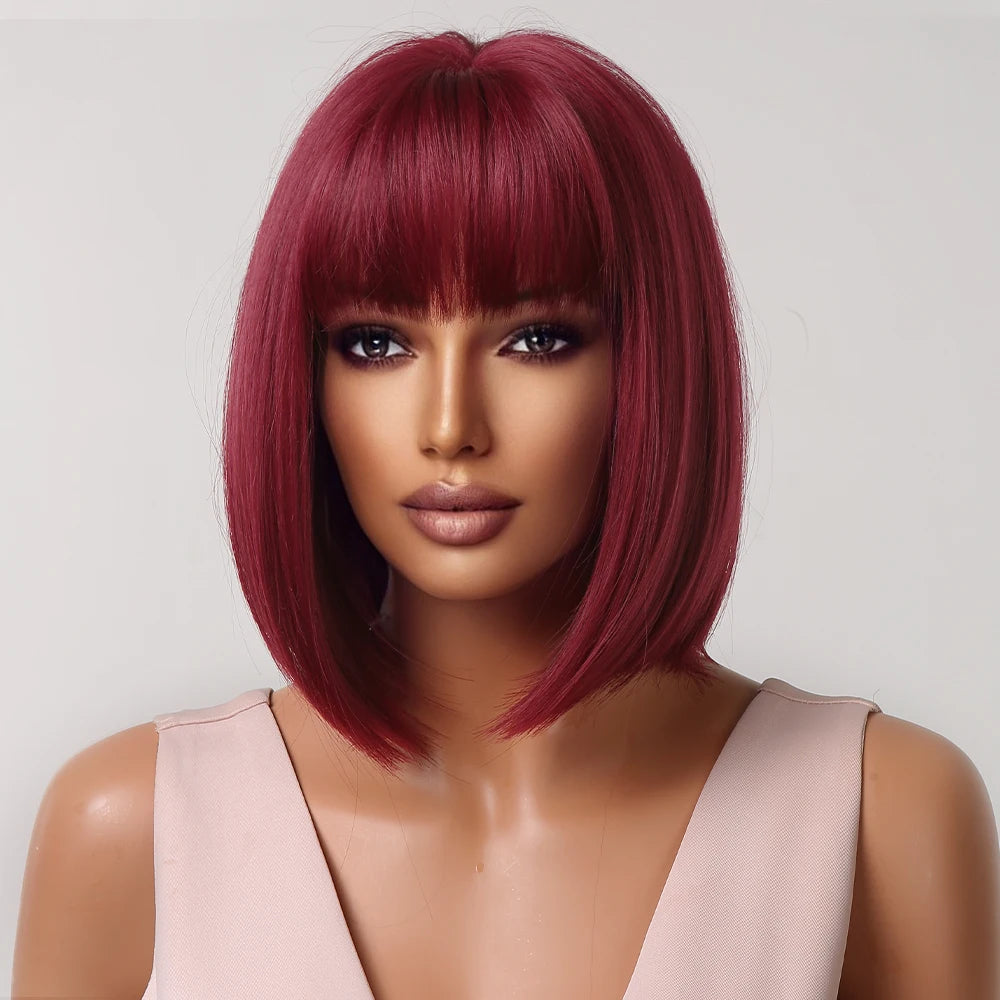 Short Wine Red Bob Wigs With Full Bangs Natural Synthetic Wigs for Women Heat Resistant Female Fake Hair Afro Cosplay Daily